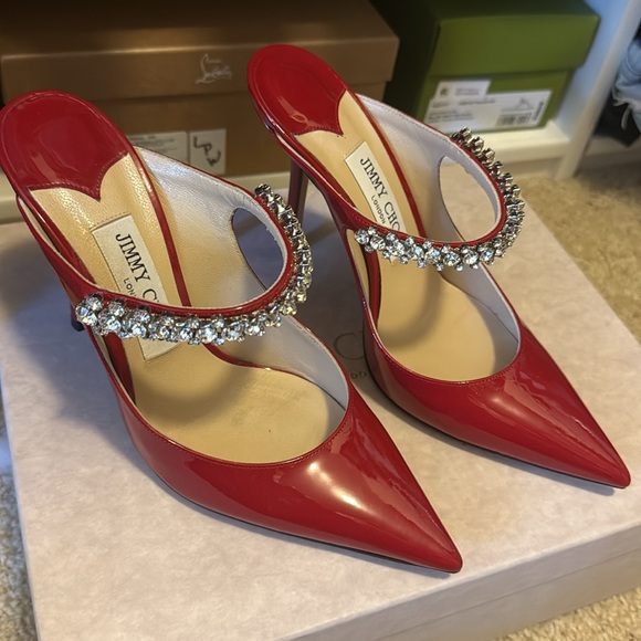 Jimmy Choo Bing 100 Red Patent Leather Slip On Mule Heels Womens - Picture 4 of 8